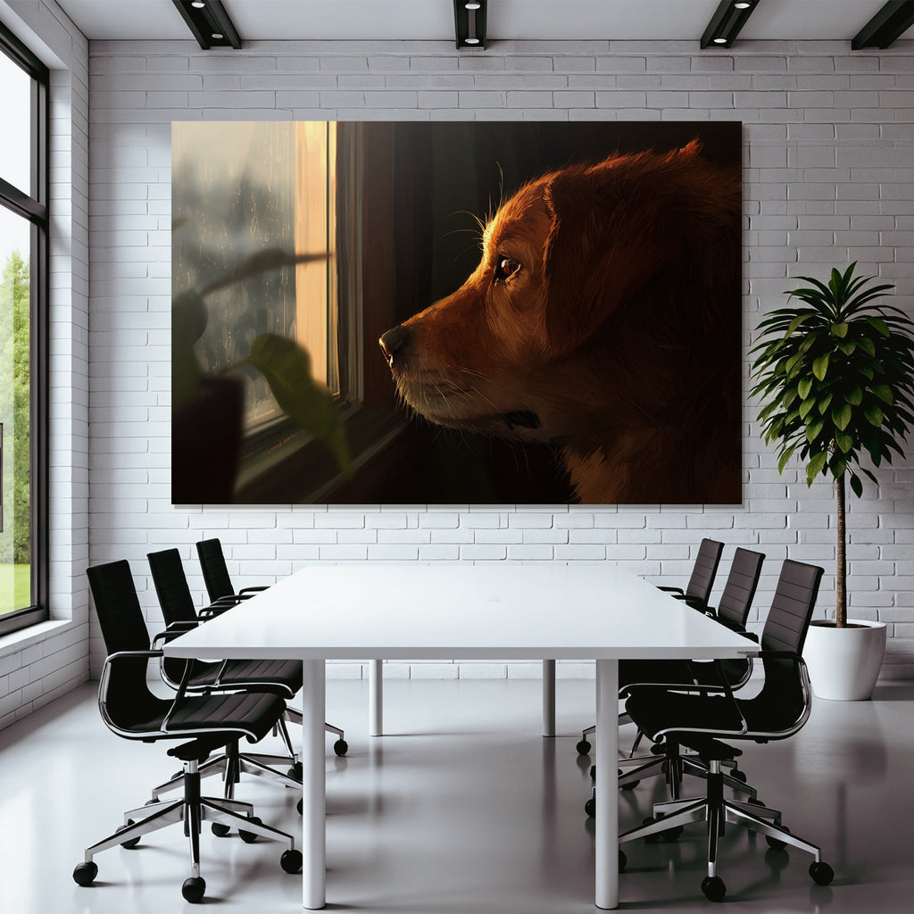 Golden Retriever Blickt Aus Dem Fenster Regnerischer Tag Gemütliche Atmosphäre