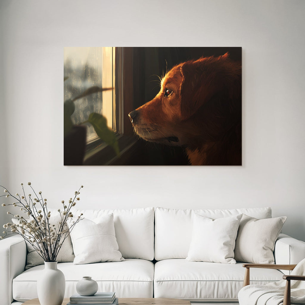 Golden Retriever Blickt Aus Dem Fenster Regnerischer Tag Gemütliche Atmosphäre
