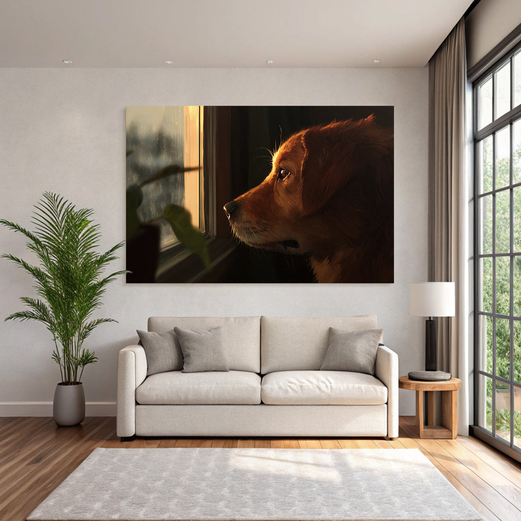 Golden Retriever Blickt Aus Dem Fenster Regnerischer Tag Gemütliche Atmosphäre