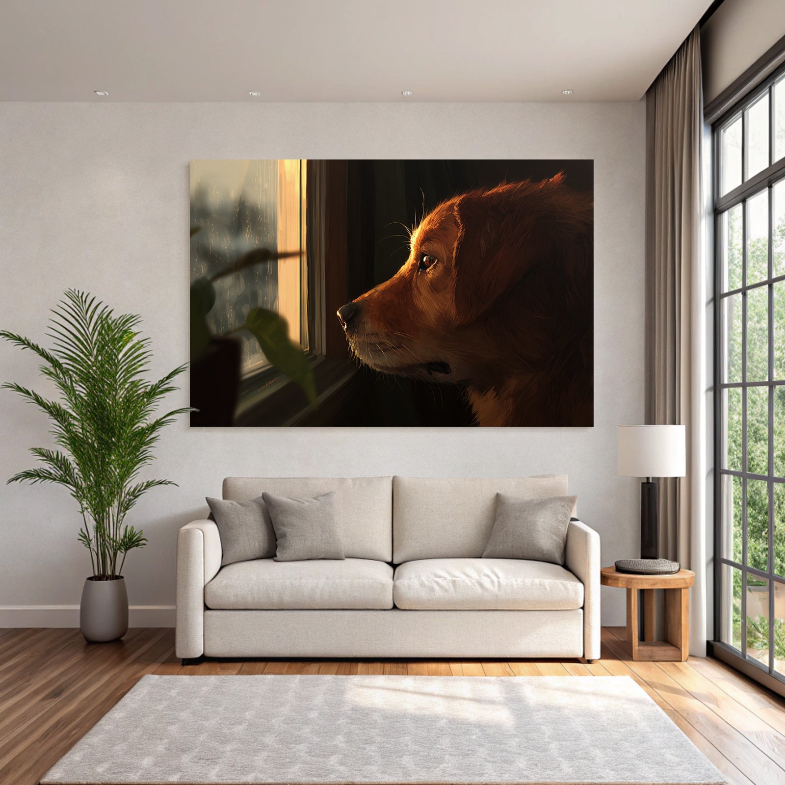 Golden Retriever Blickt Aus Dem Fenster Regnerischer Tag Gemütliche Atmosphäre