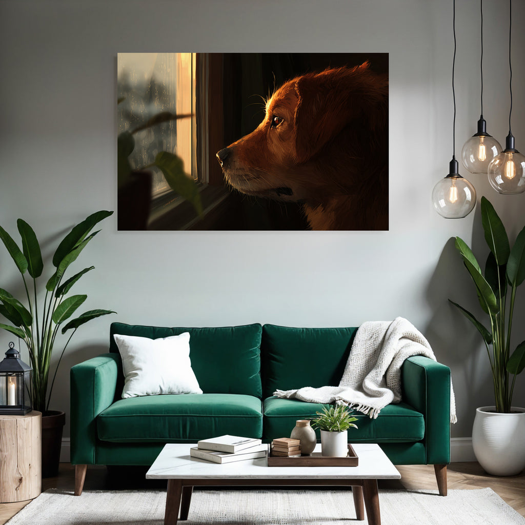 Golden Retriever Blickt Aus Dem Fenster Regnerischer Tag Gemütliche Atmosphäre