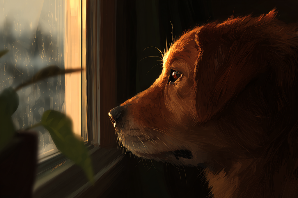 Golden Retriever Blickt Aus Dem Fenster Regnerischer Tag Gemütliche Atmosphäre | Katzen und Hunde | Tiere