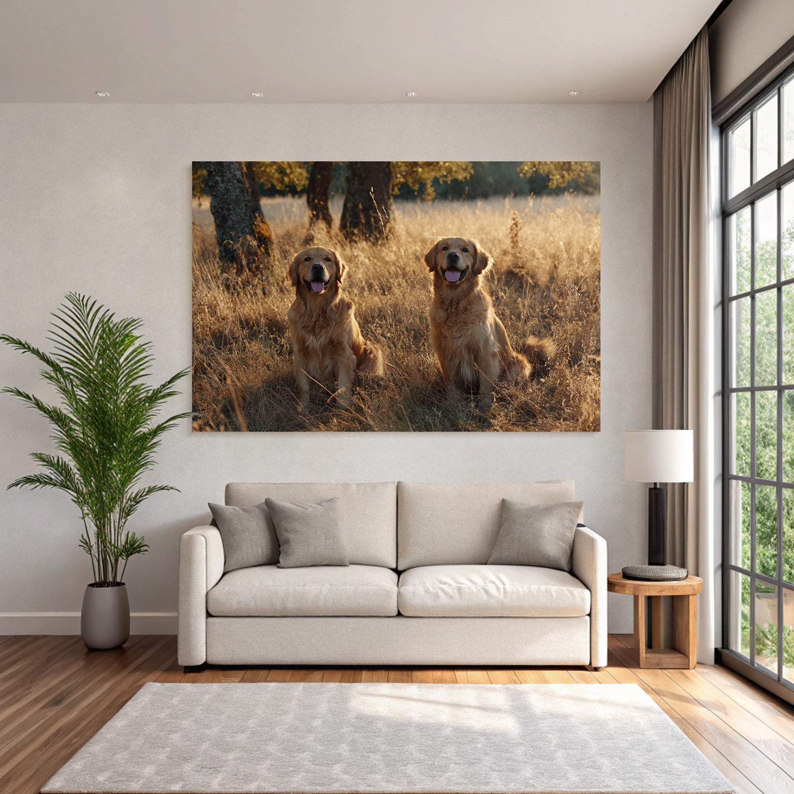 Golden Retriever Im Feld Mit Bäumen Warmem Licht