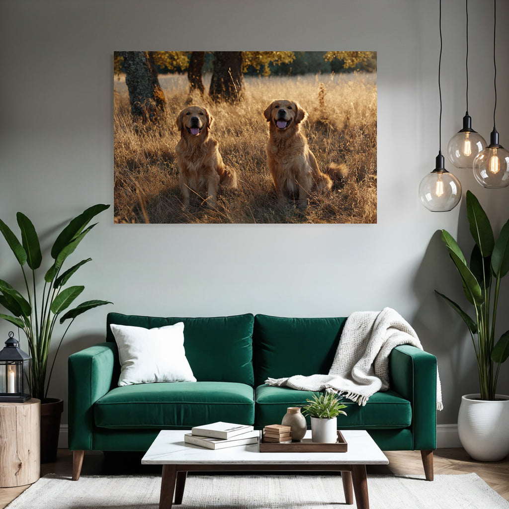 Golden Retriever Im Feld Mit Bäumen Warmem Licht