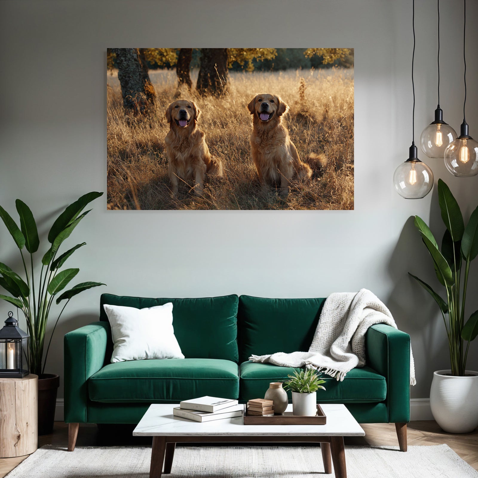 Golden Retriever Im Feld Mit Bäumen Warmem Licht