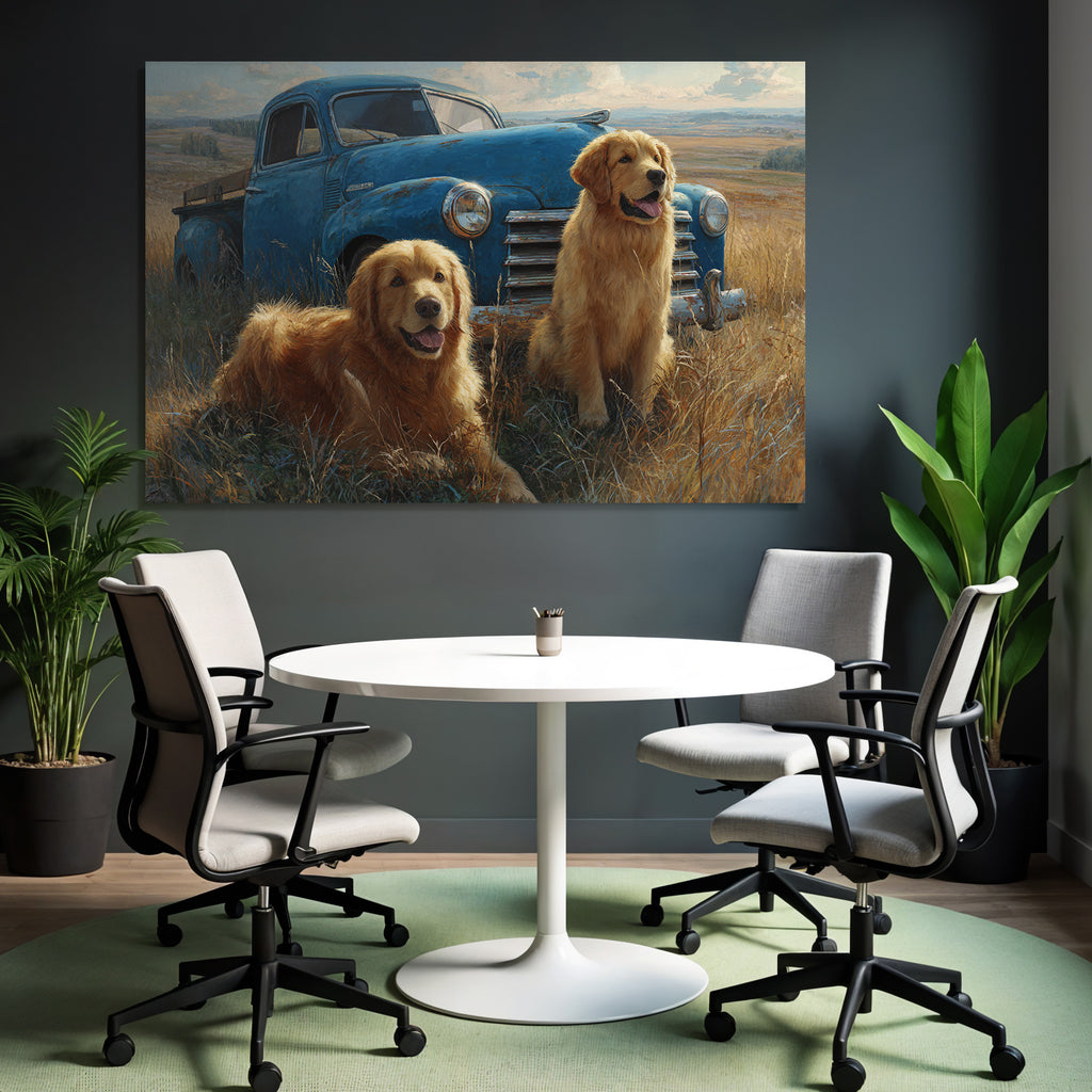 Golden Retriever Vintage Pickup Truck Grüne Wiese