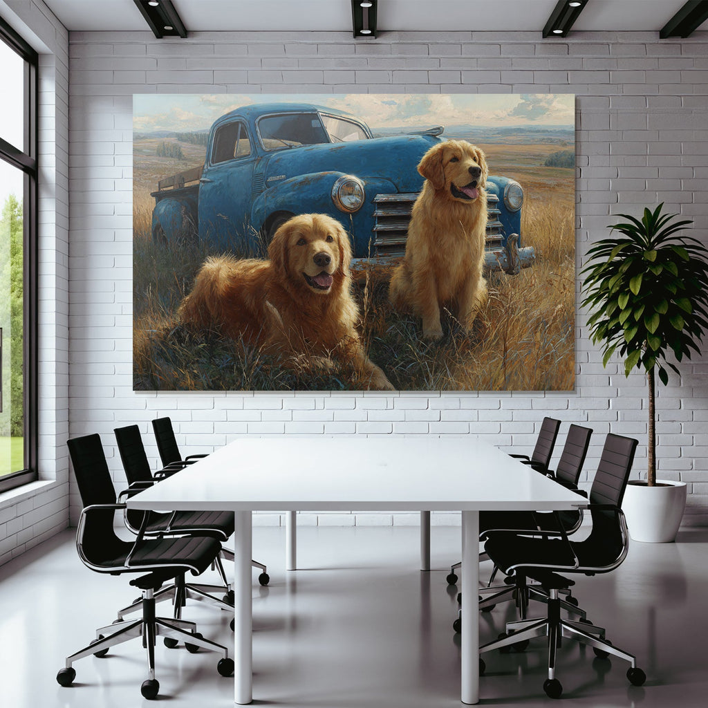Golden Retriever Vintage Pickup Truck Grüne Wiese