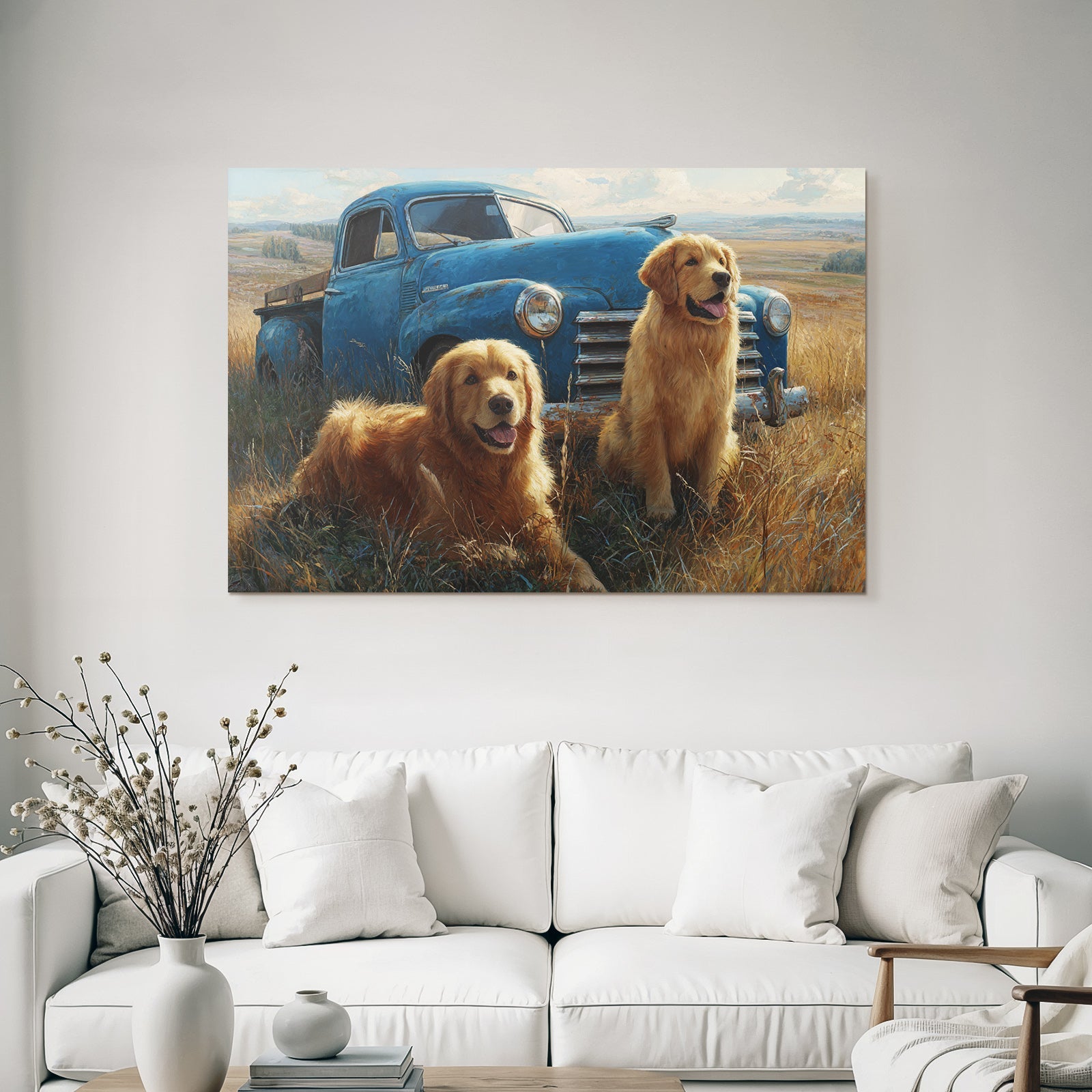 Golden Retriever Vintage Pickup Truck Grüne Wiese