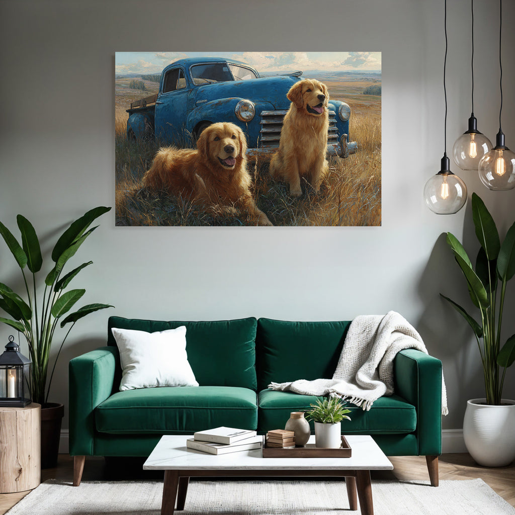 Golden Retriever Vintage Pickup Truck Grüne Wiese