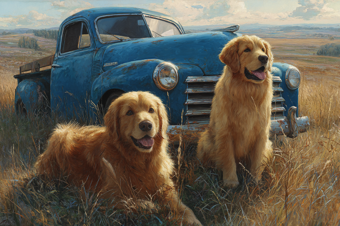 Golden Retriever Vintage Pickup Truck Grüne Wiese | Katzen und Hunde | Tiere