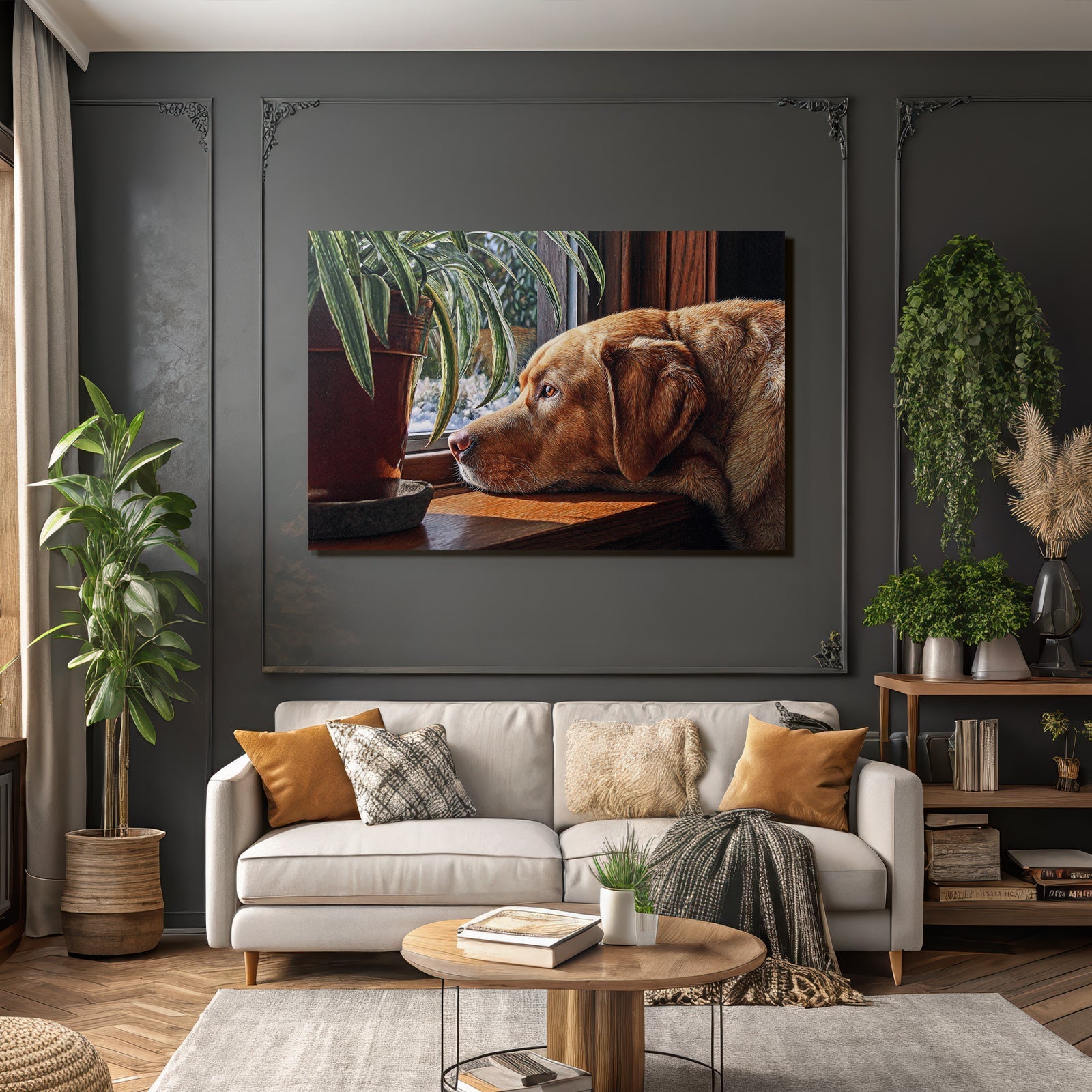 Hund Am Fenster Mit Blumentopf In Einem Gemütlichen Moment