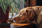 Hund Am Fenster Mit Blumentopf In Einem Gemütlichen Moment | Katzen und Hunde | Tiere