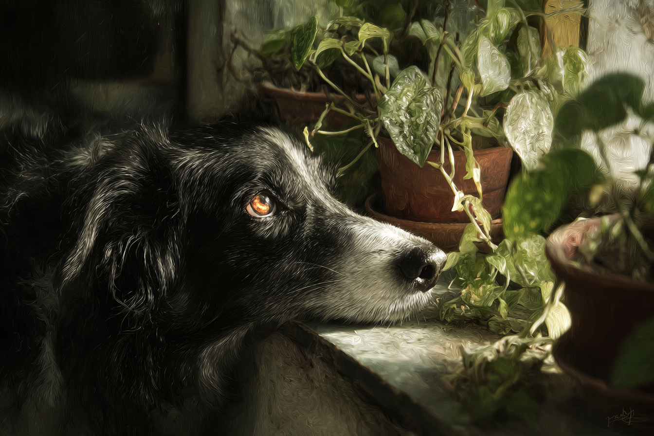 Hund Am Fenster Mit Pflanzen Blickend Nachdenklich | Katzen und Hunde | Tiere