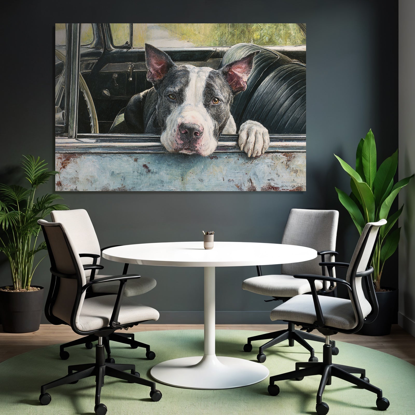 Hund Im Altem Auto Fenster Mit Natur Hintergrund