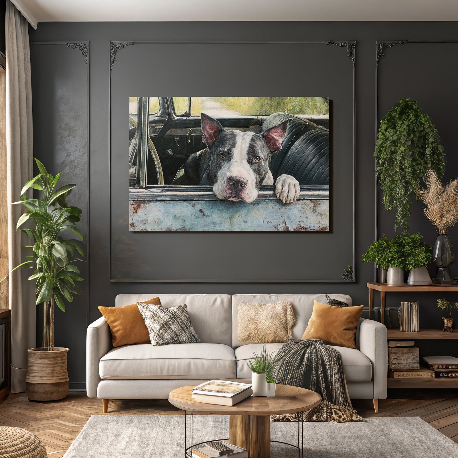 Hund Im Altem Auto Fenster Mit Natur Hintergrund