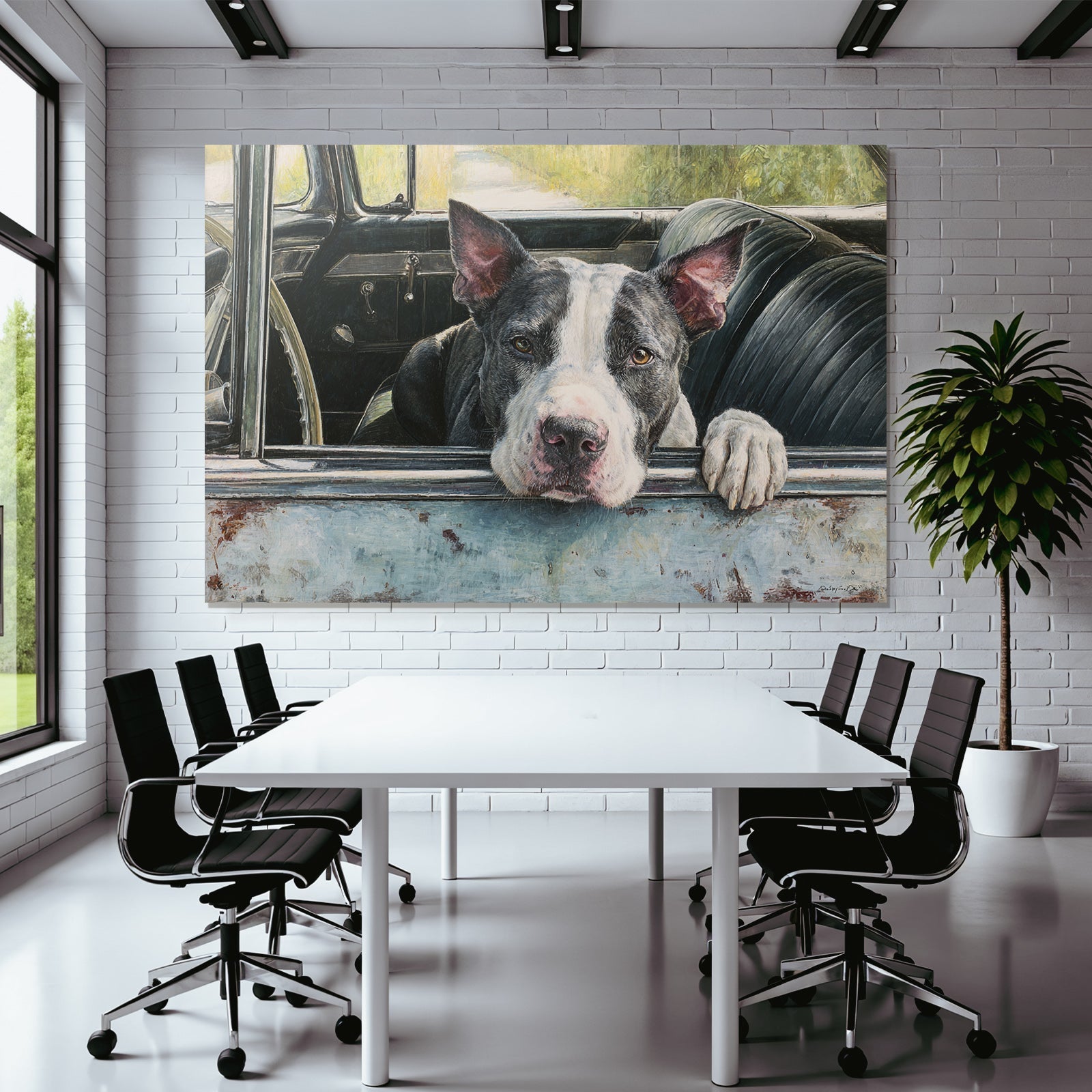 Hund Im Altem Auto Fenster Mit Natur Hintergrund