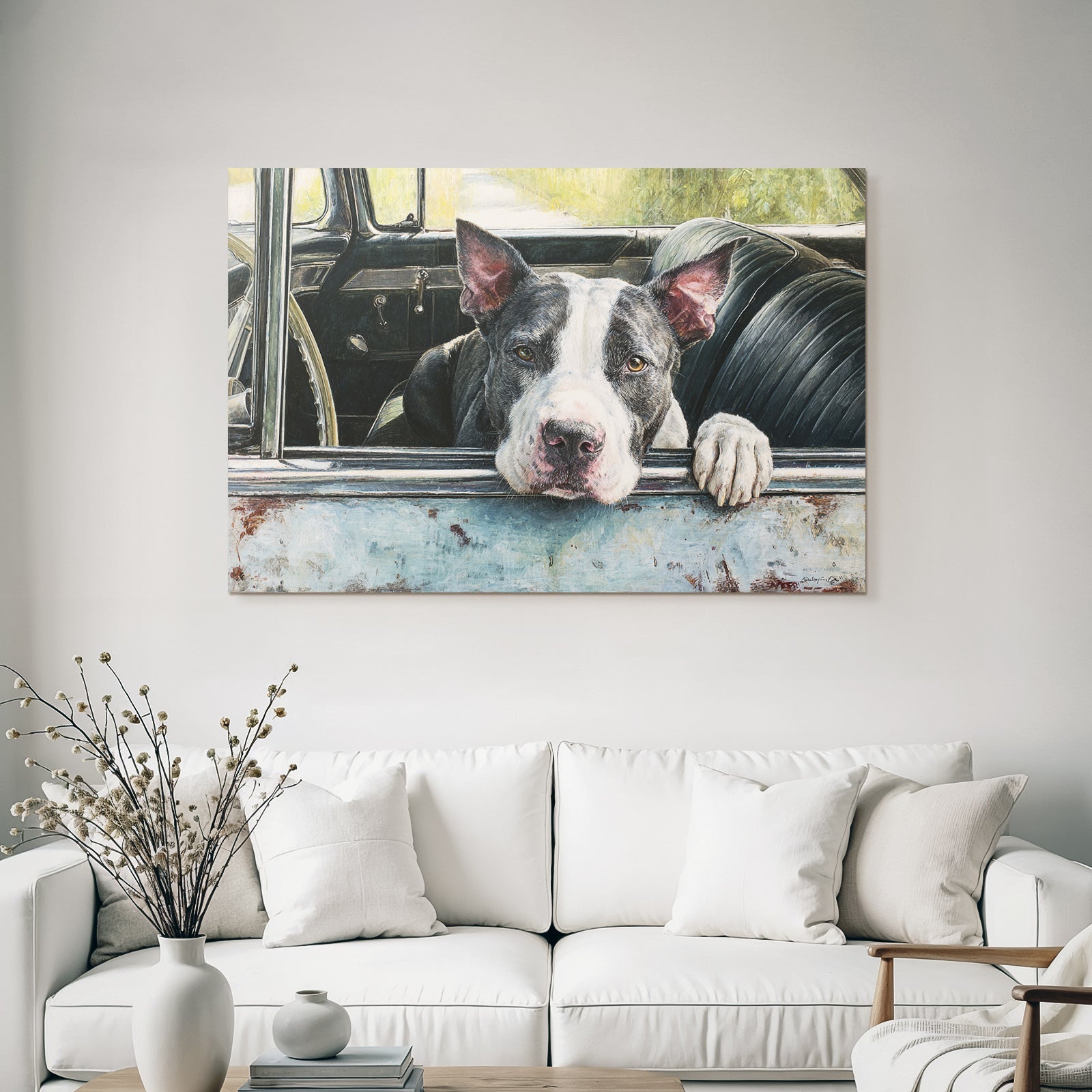 Hund Im Altem Auto Fenster Mit Natur Hintergrund
