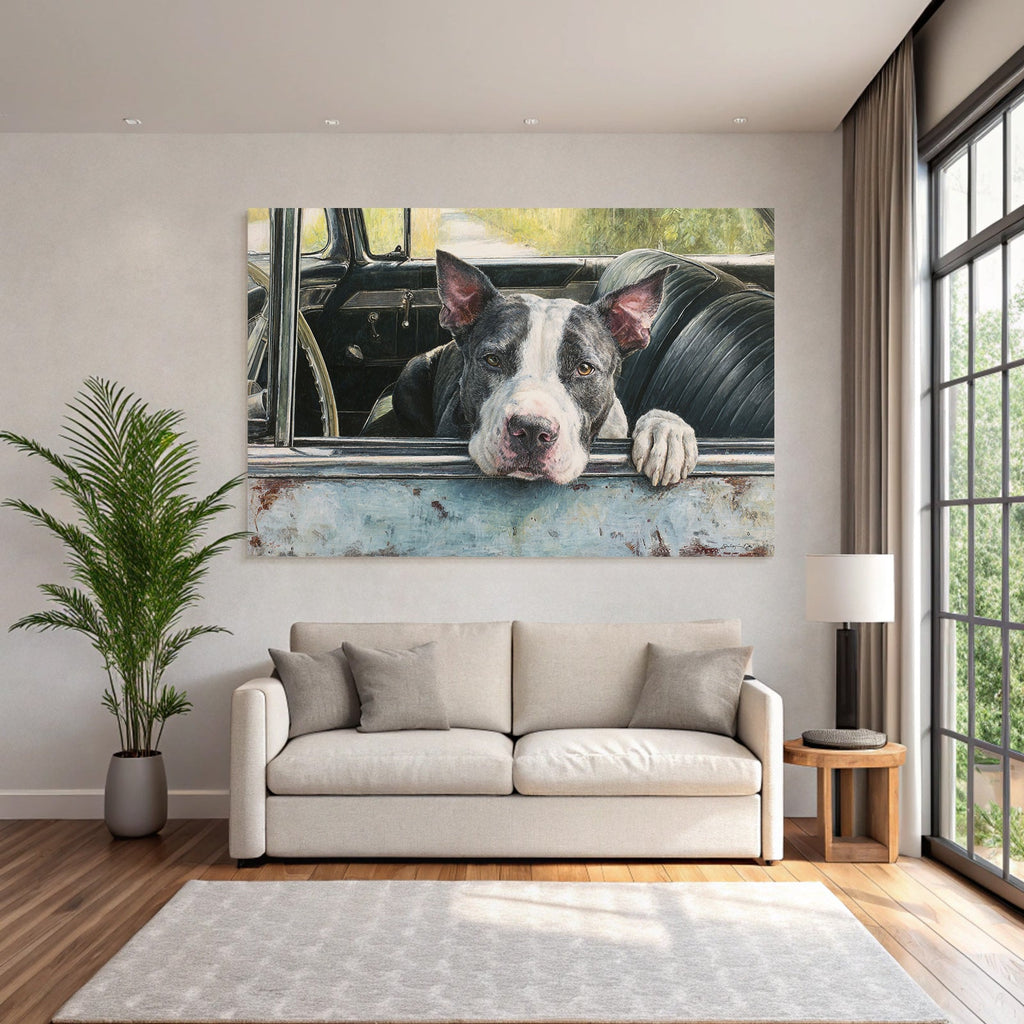 Hund Im Altem Auto Fenster Mit Natur Hintergrund