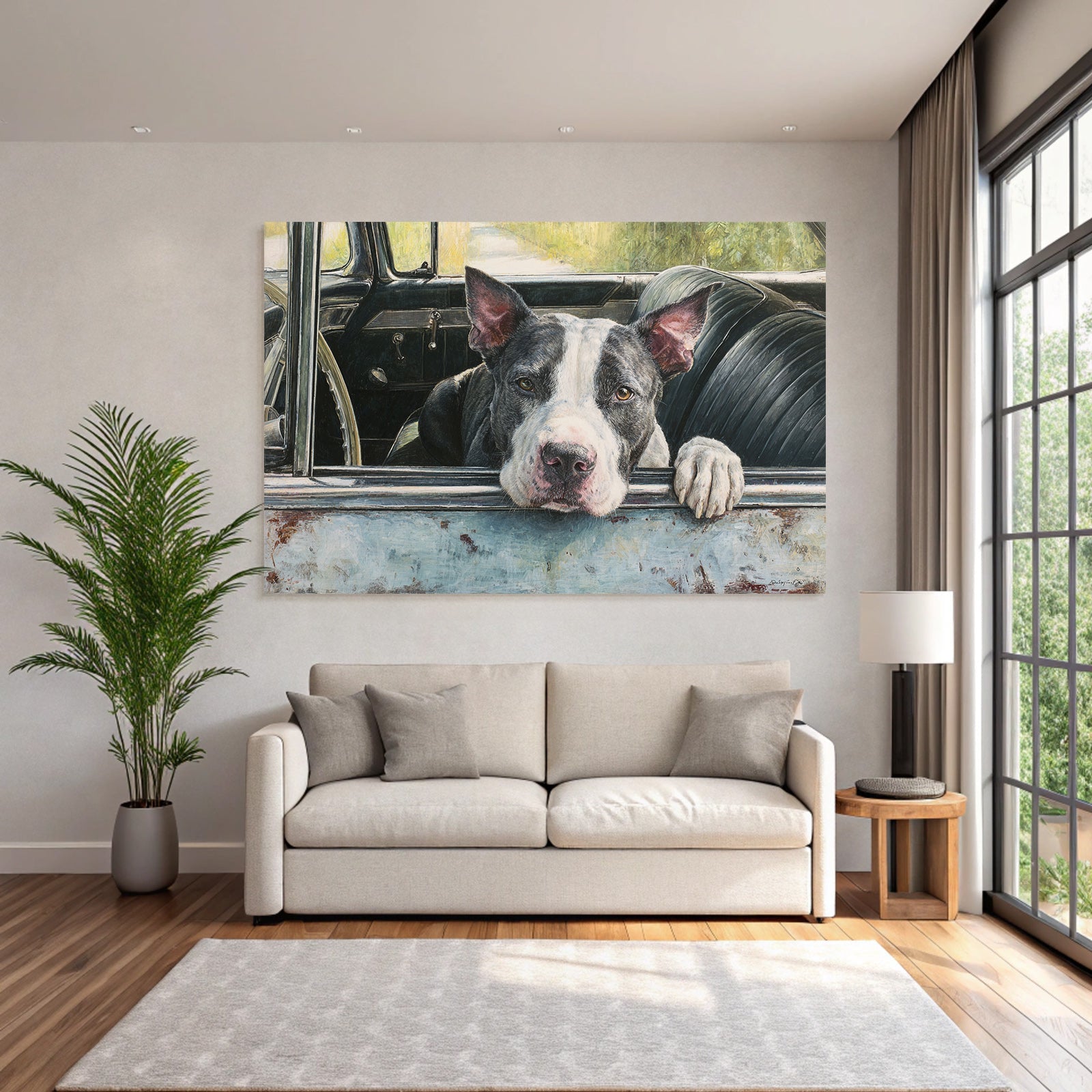 Hund Im Altem Auto Fenster Mit Natur Hintergrund