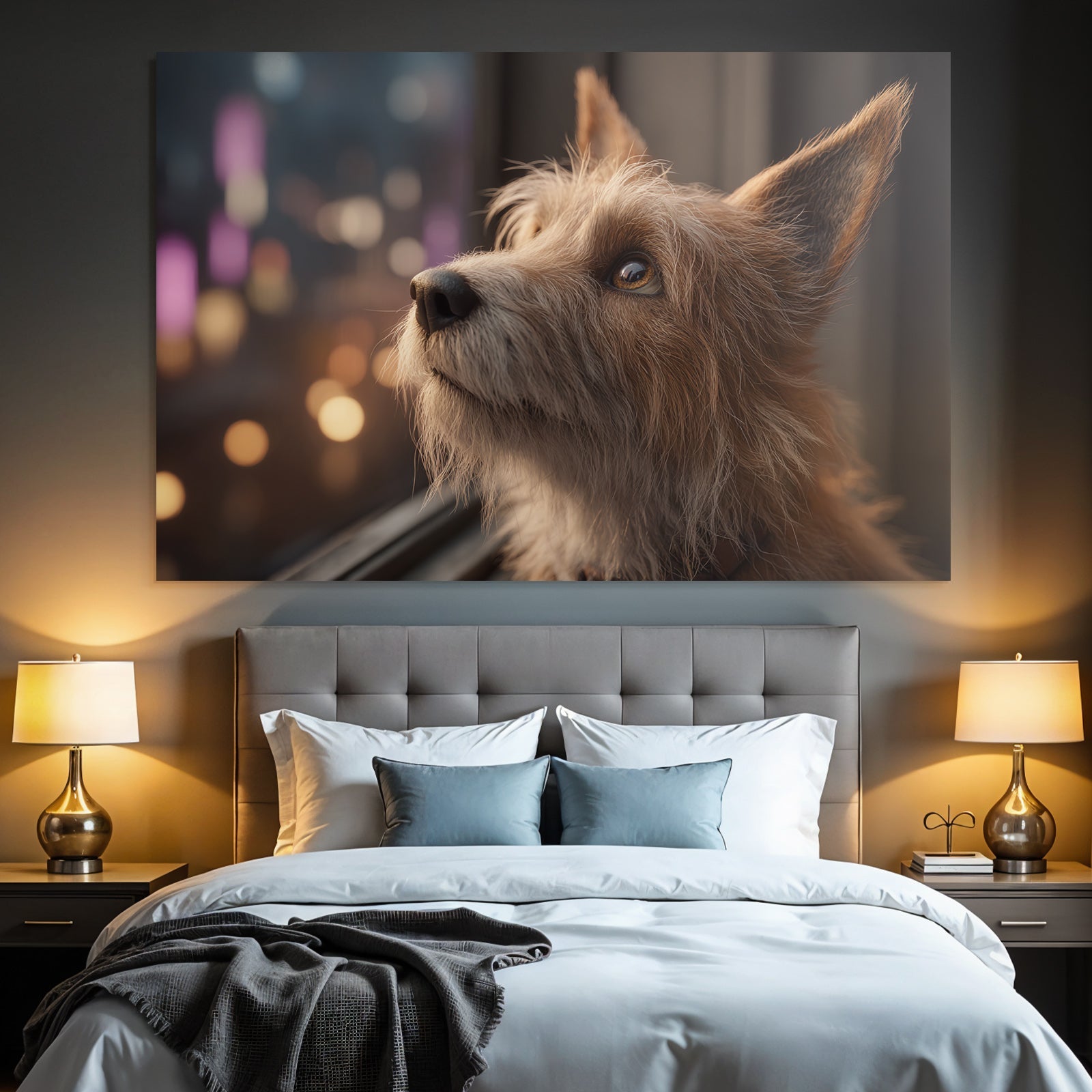 Hund Im Fenster Blickend Auf Stadtlandschaft