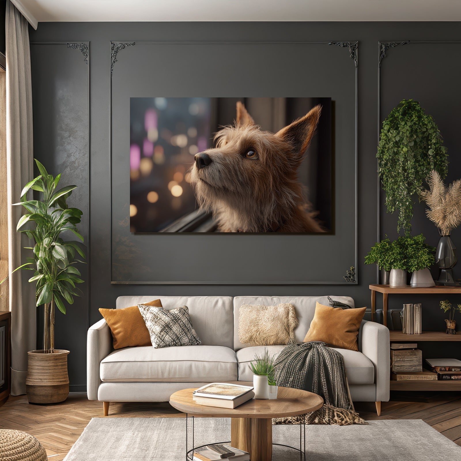 Hund Im Fenster Blickend Auf Stadtlandschaft