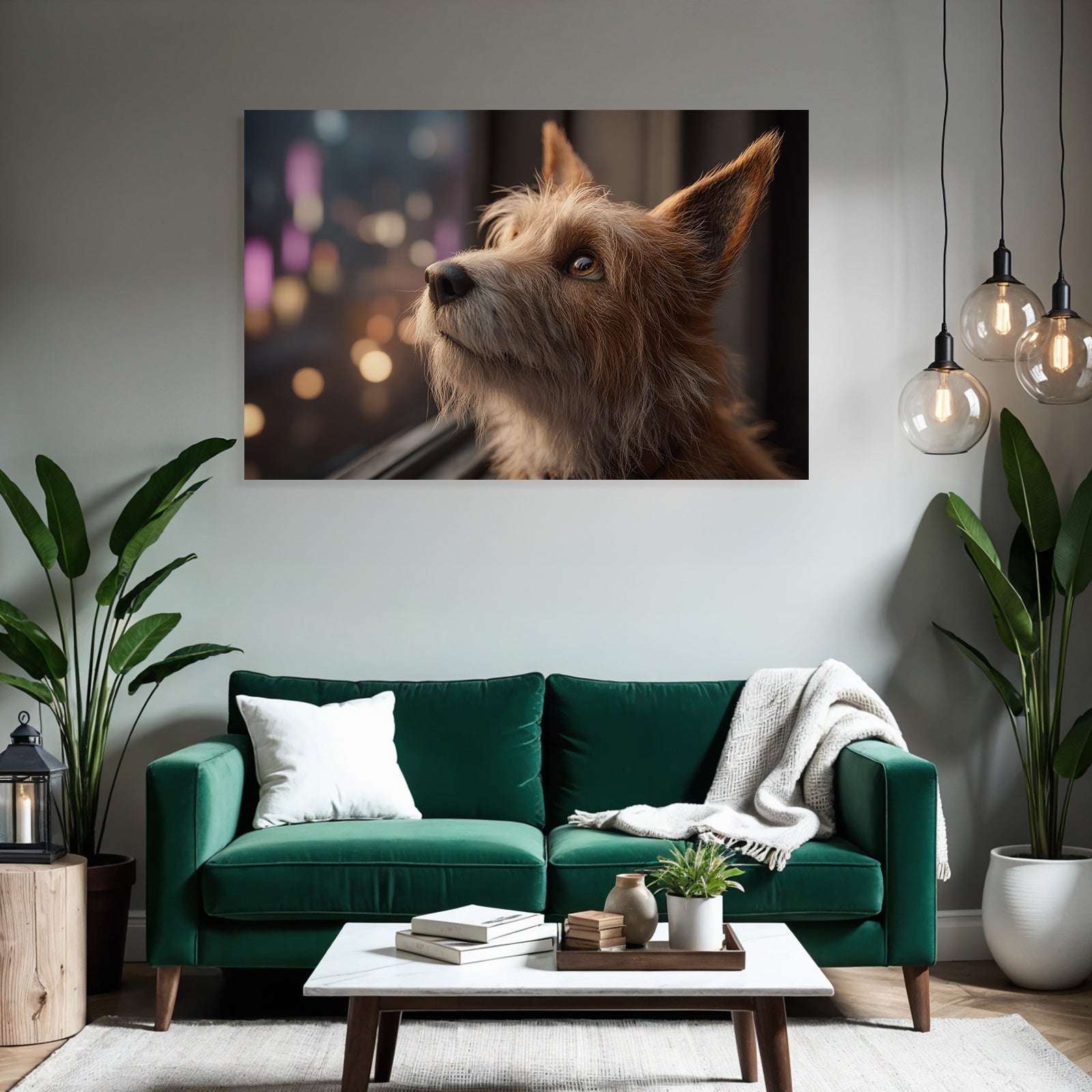Hund Im Fenster Blickend Auf Stadtlandschaft