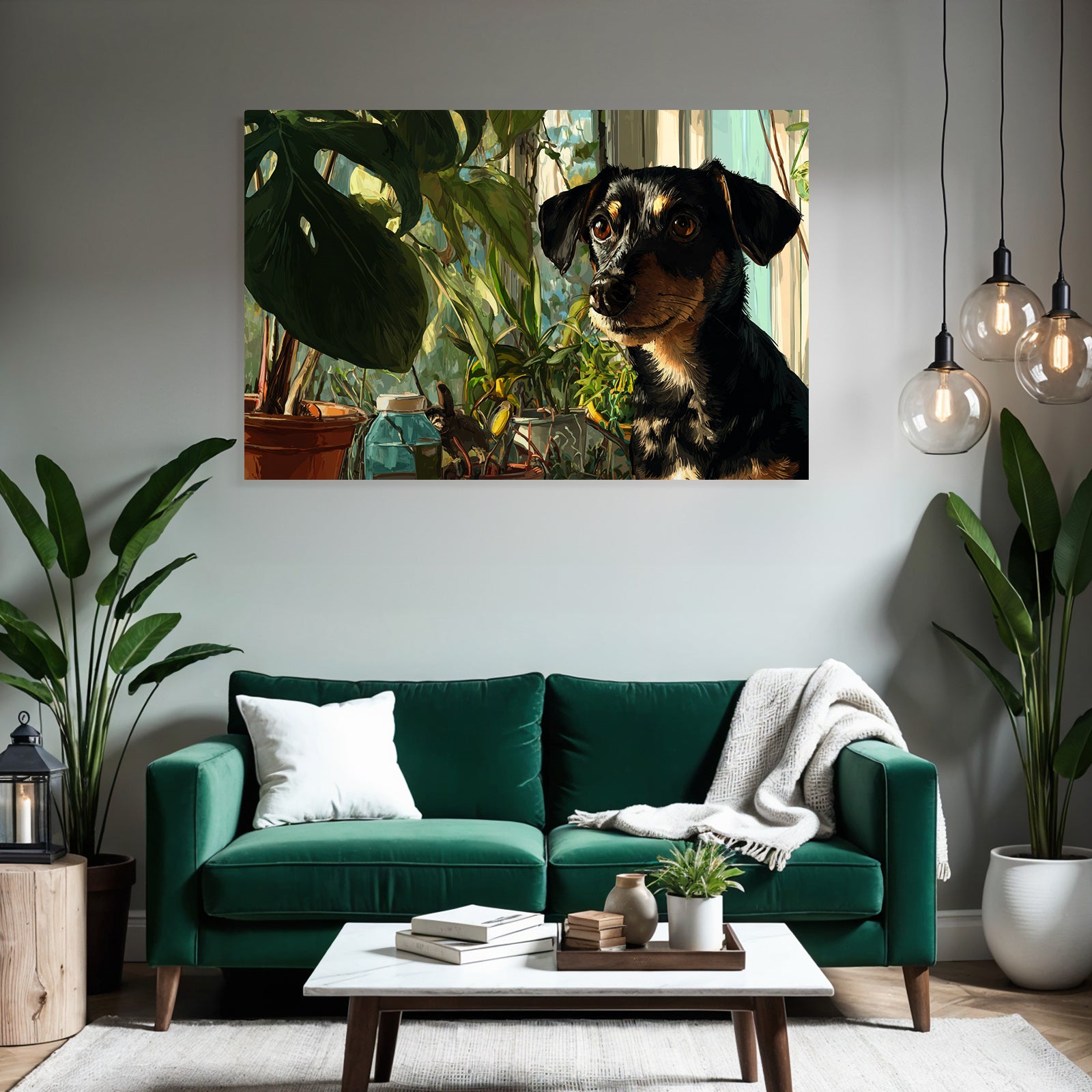 Hund In Grünem Pflanzenumfeld Digitale Illustration