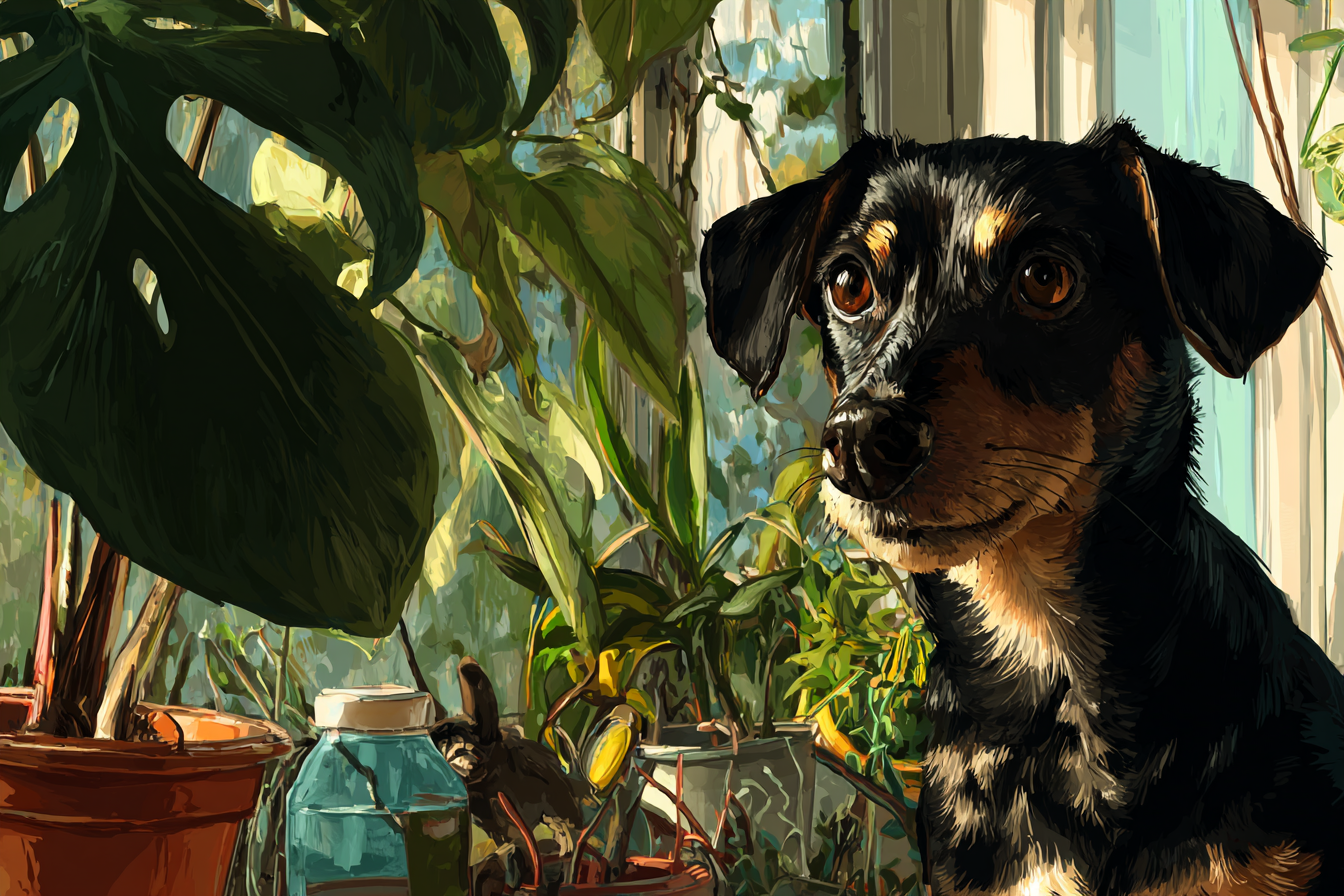 Hund In Grünem Pflanzenumfeld Digitale Illustration | Katzen und Hunde | Tiere
