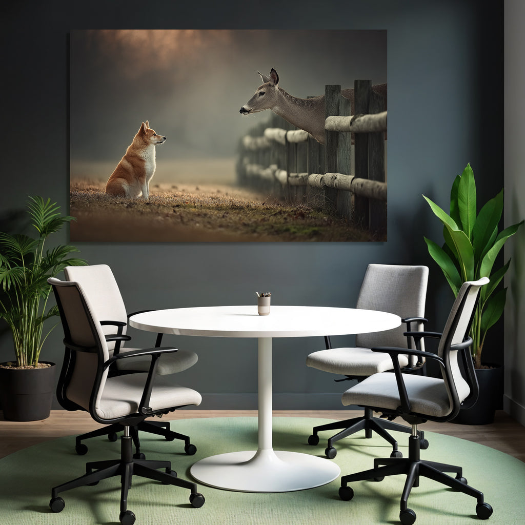 Hund Und Reh Interaktion In Natur Mit Frühem Morgenlicht