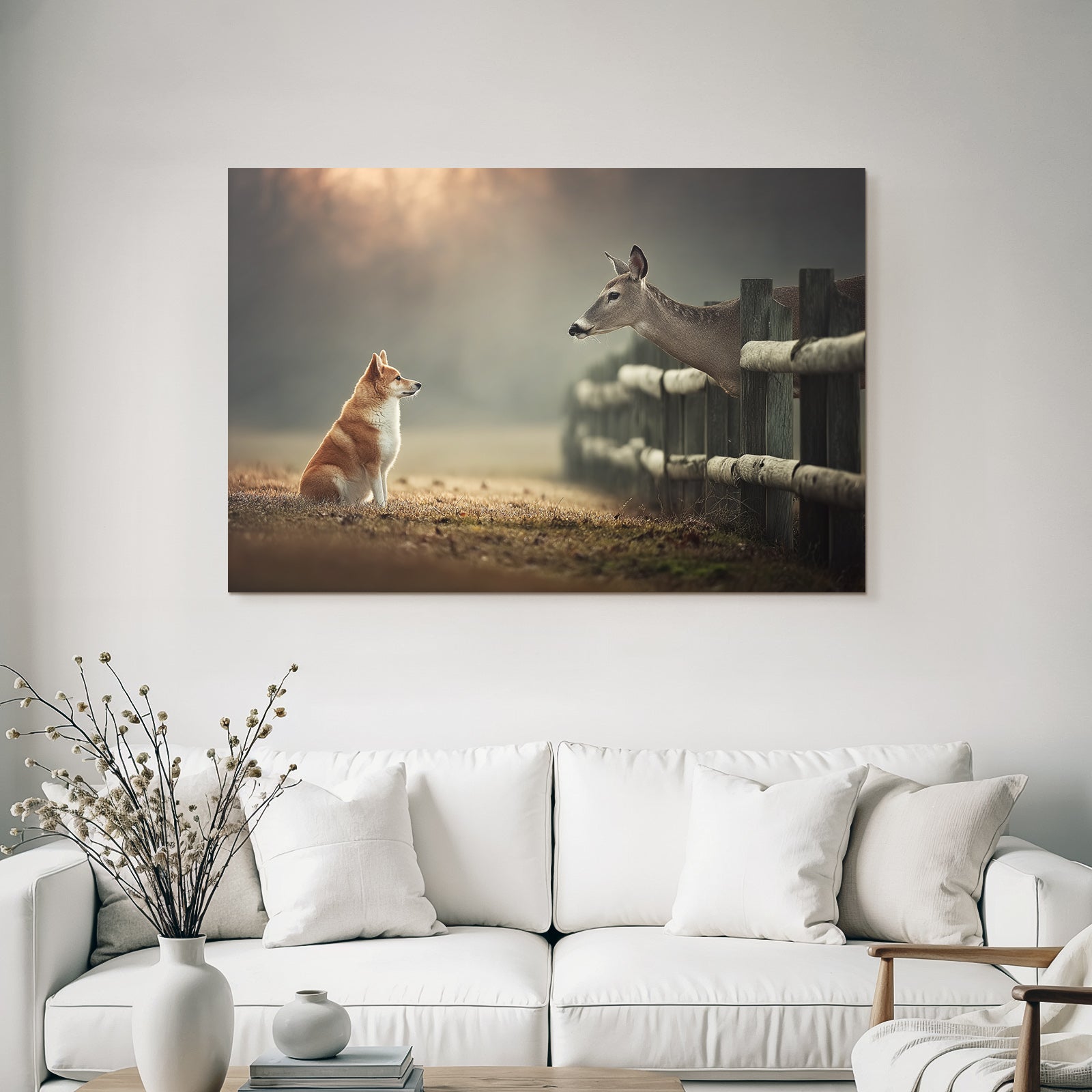 Hund Und Reh Interaktion In Natur Mit Frühem Morgenlicht