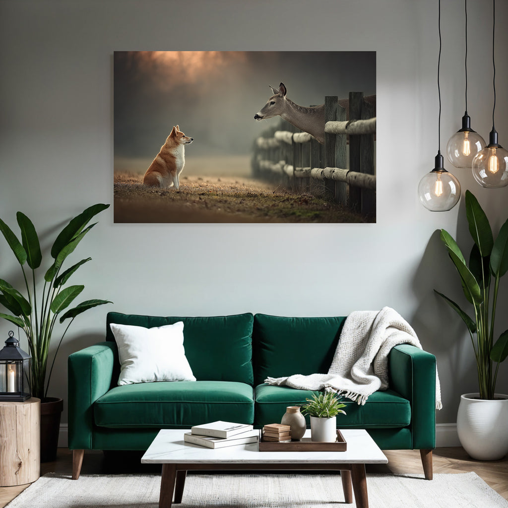 Hund Und Reh Interaktion In Natur Mit Frühem Morgenlicht