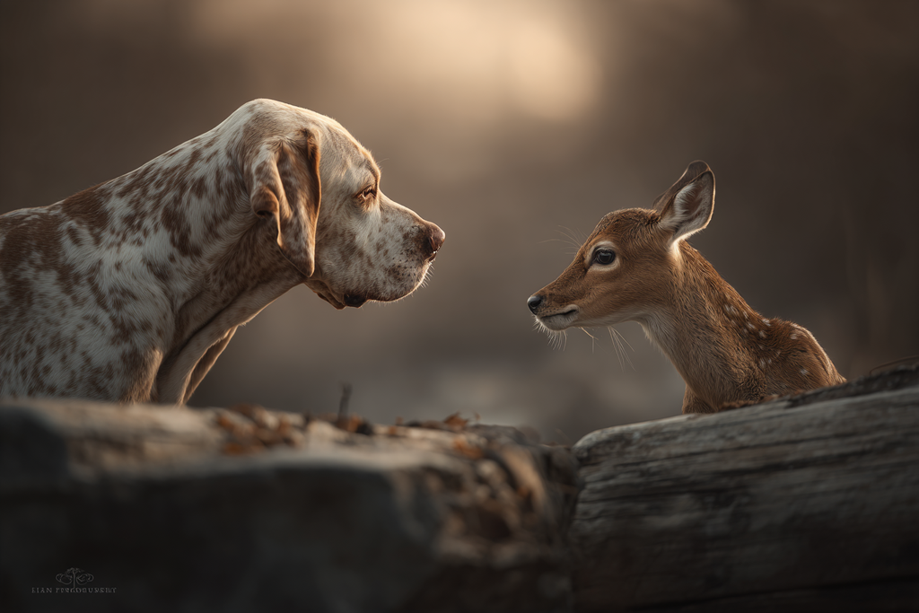 Hund Und Reh Neugieriges Begegnung | Katzen und Hunde | Tiere