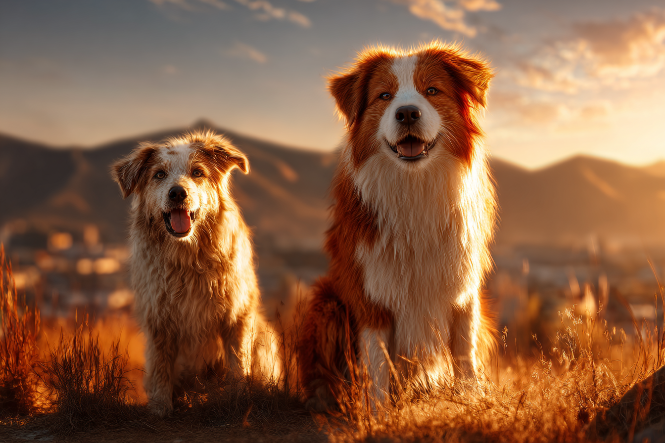 Im Grünen Feld Bei Sonnenuntergang Mit Bergen | Katzen und Hunde | Tiere