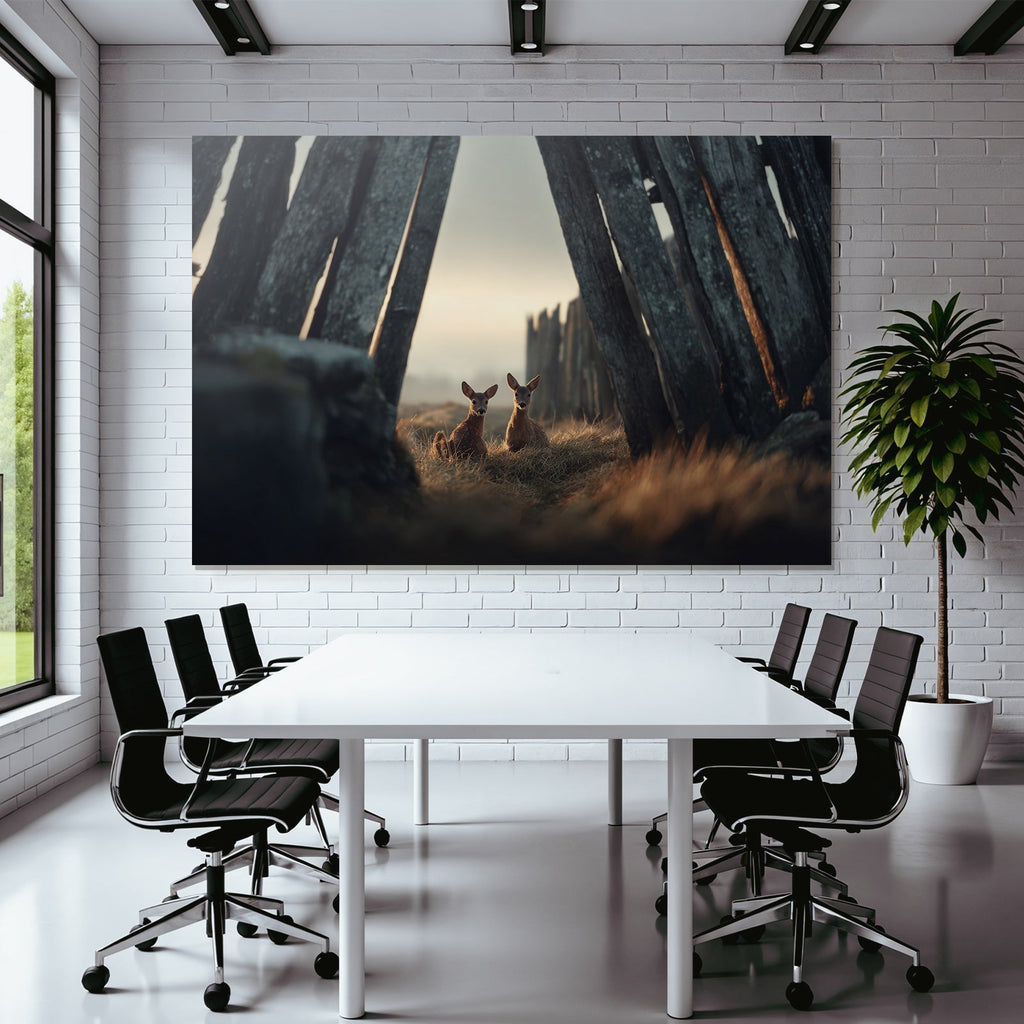 Young deer in grass with wooden structures early morning or late afternoon
