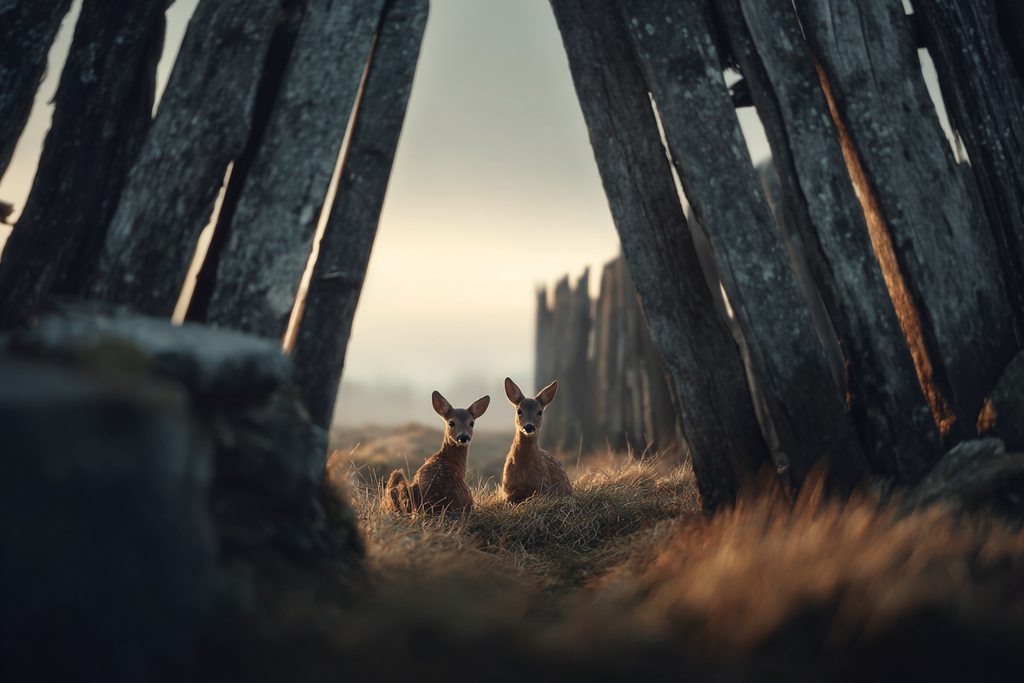 Jung Rehe Im Gras Mit Holzkonstruktionen Frühmorgensoder Spätem Nachmittag | Katzen und Hunde | Tiere