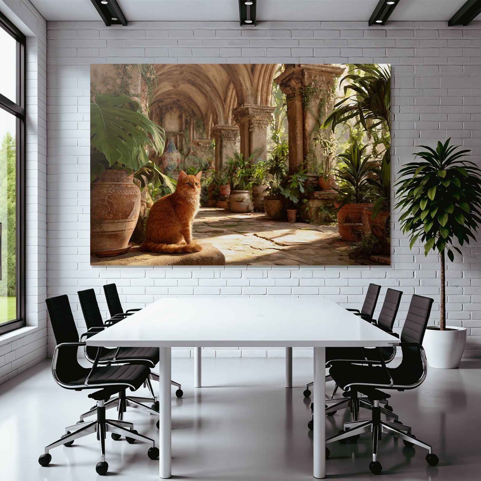 Orange Katze Auf Felsen Mit Altem Architektur Und Grünem Hintergrund