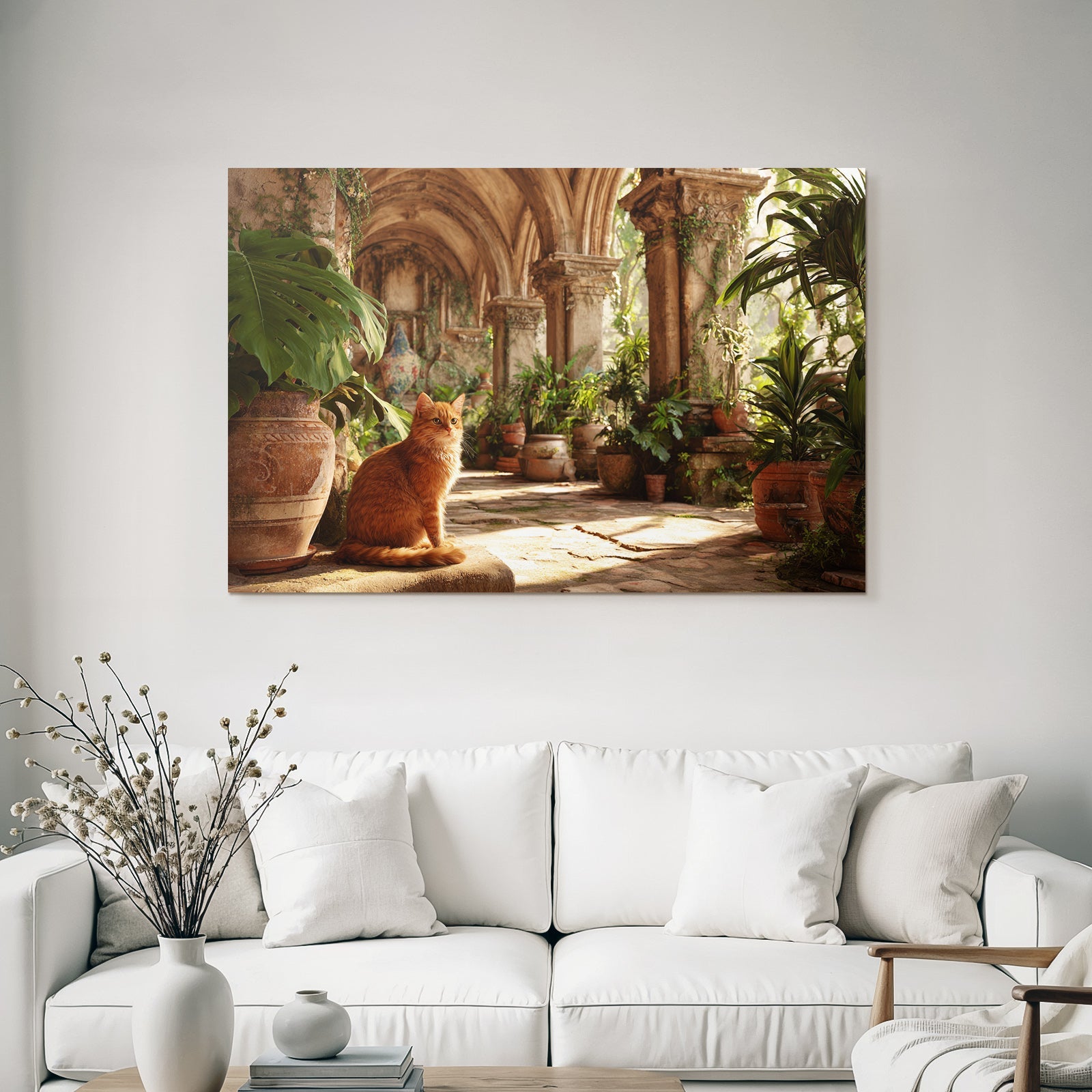 Orange Katze Auf Felsen Mit Altem Architektur Und Grünem Hintergrund