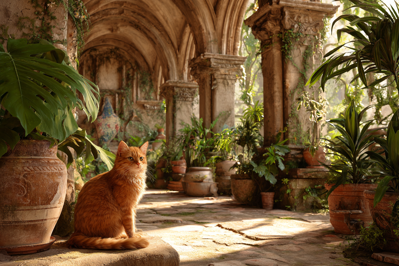 Orange Katze Auf Felsen Mit Altem Architektur Und Grünem Hintergrund | Katzen und Hunde | Tiere