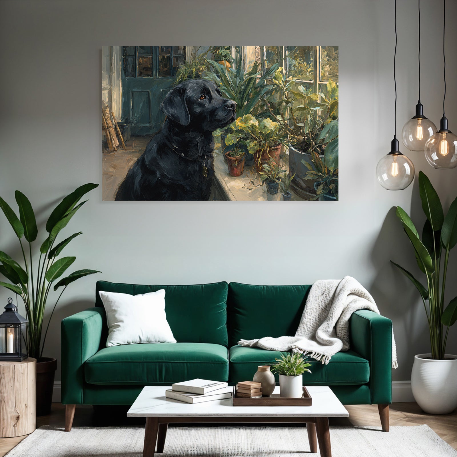 Schwarzer Hund Labrador Am Fenster Mit Innenpflanzen Ölgemälde