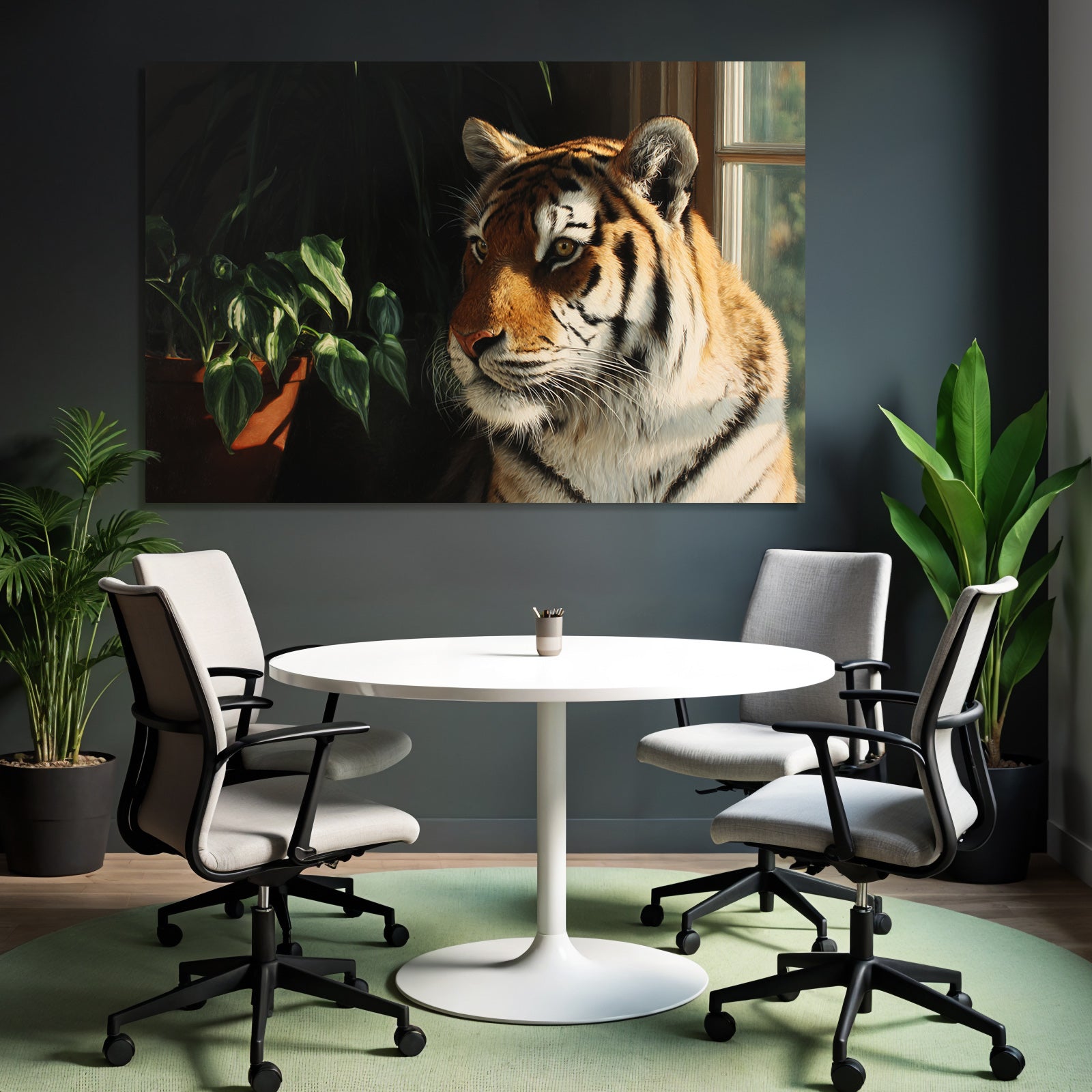 Tiger Naheaufnahme Im Innenbereich Mit Blumentopf