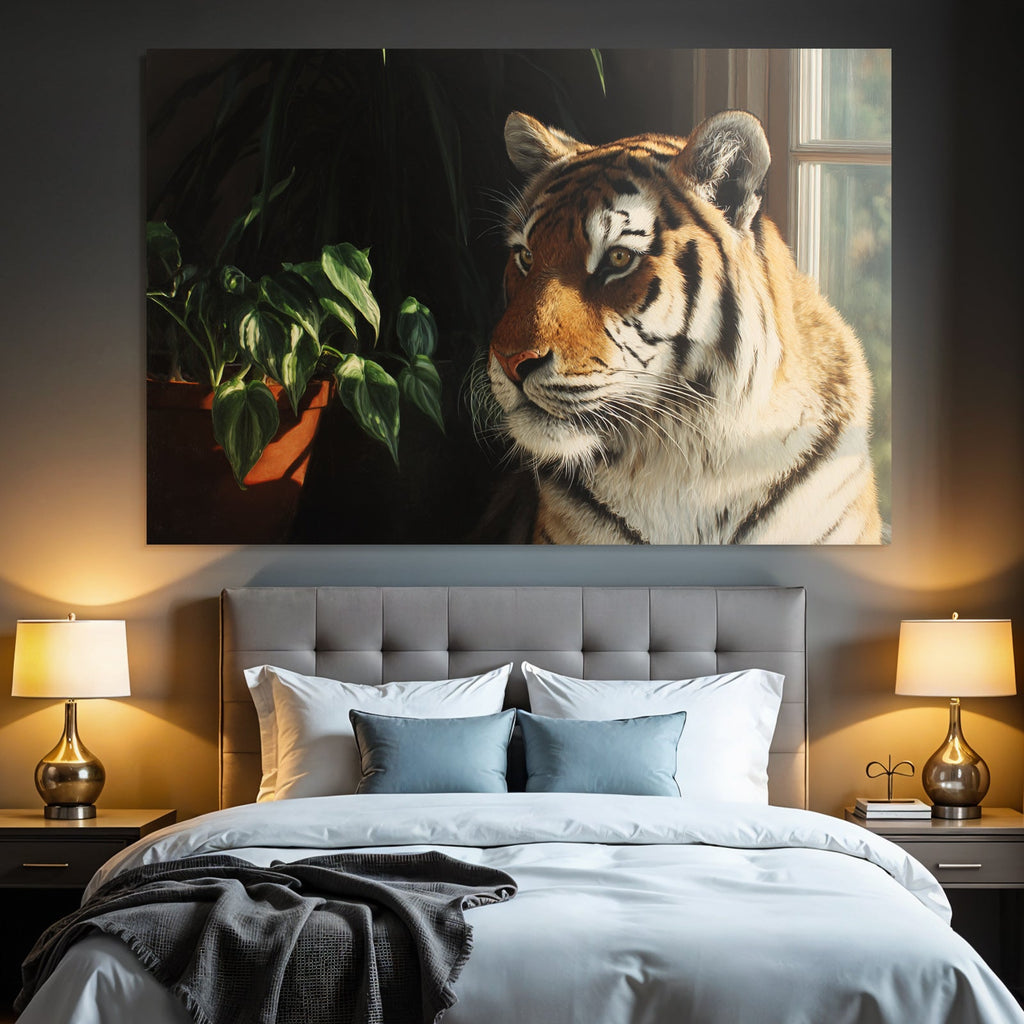 Tiger Naheaufnahme Im Innenbereich Mit Blumentopf