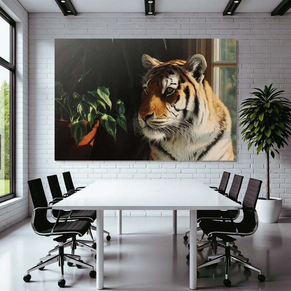Tiger Naheaufnahme Im Innenbereich Mit Blumentopf
