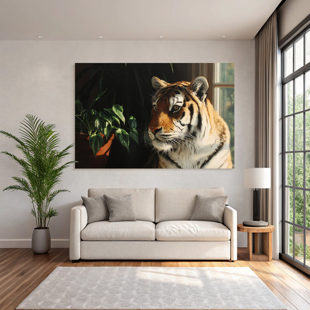 Tiger Naheaufnahme Im Innenbereich Mit Blumentopf