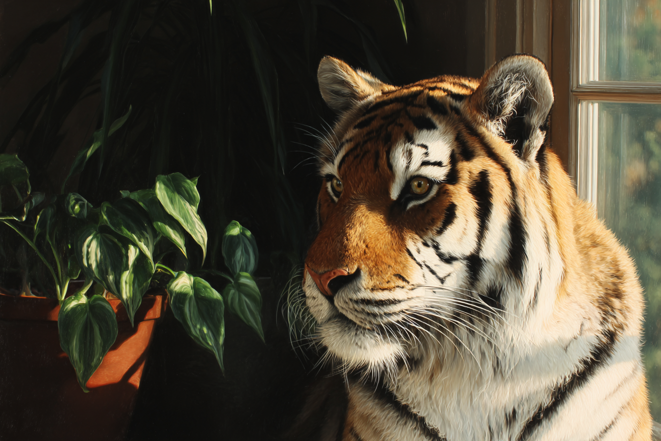 Tiger Naheaufnahme Im Innenbereich Mit Blumentopf | Katzen und Hunde | Tiere