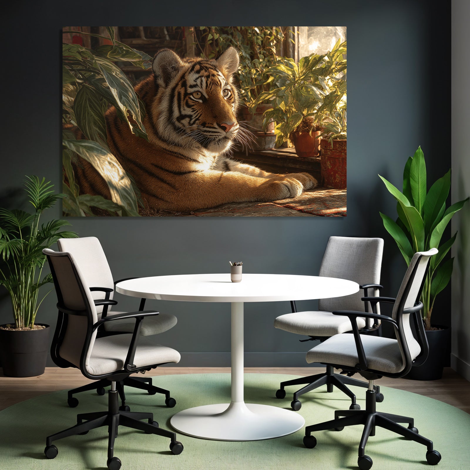 Tiger Ruhend In Grünen Und Innenraum Mit Pflanzen