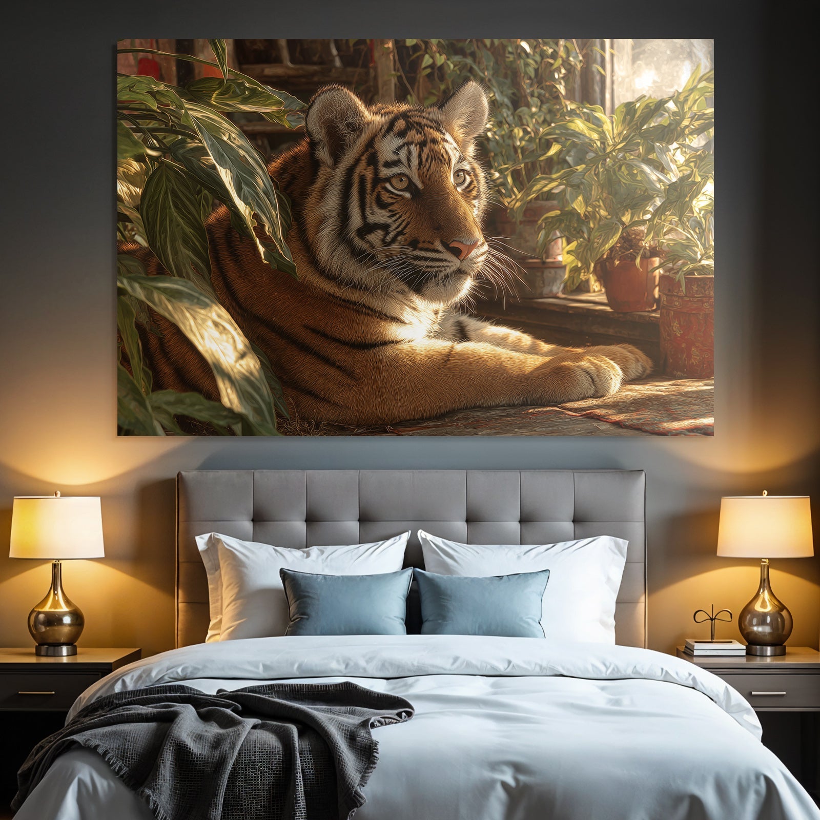 Tiger Ruhend In Grünen Und Innenraum Mit Pflanzen