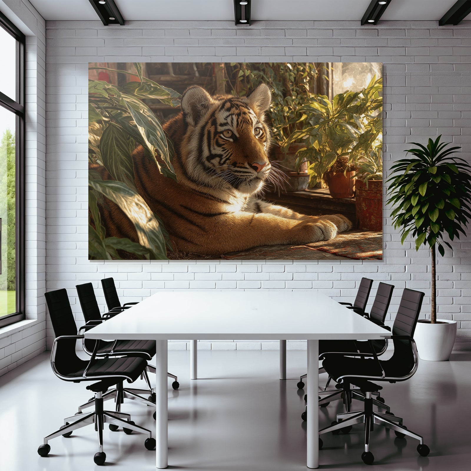 Tiger Ruhend In Grünen Und Innenraum Mit Pflanzen