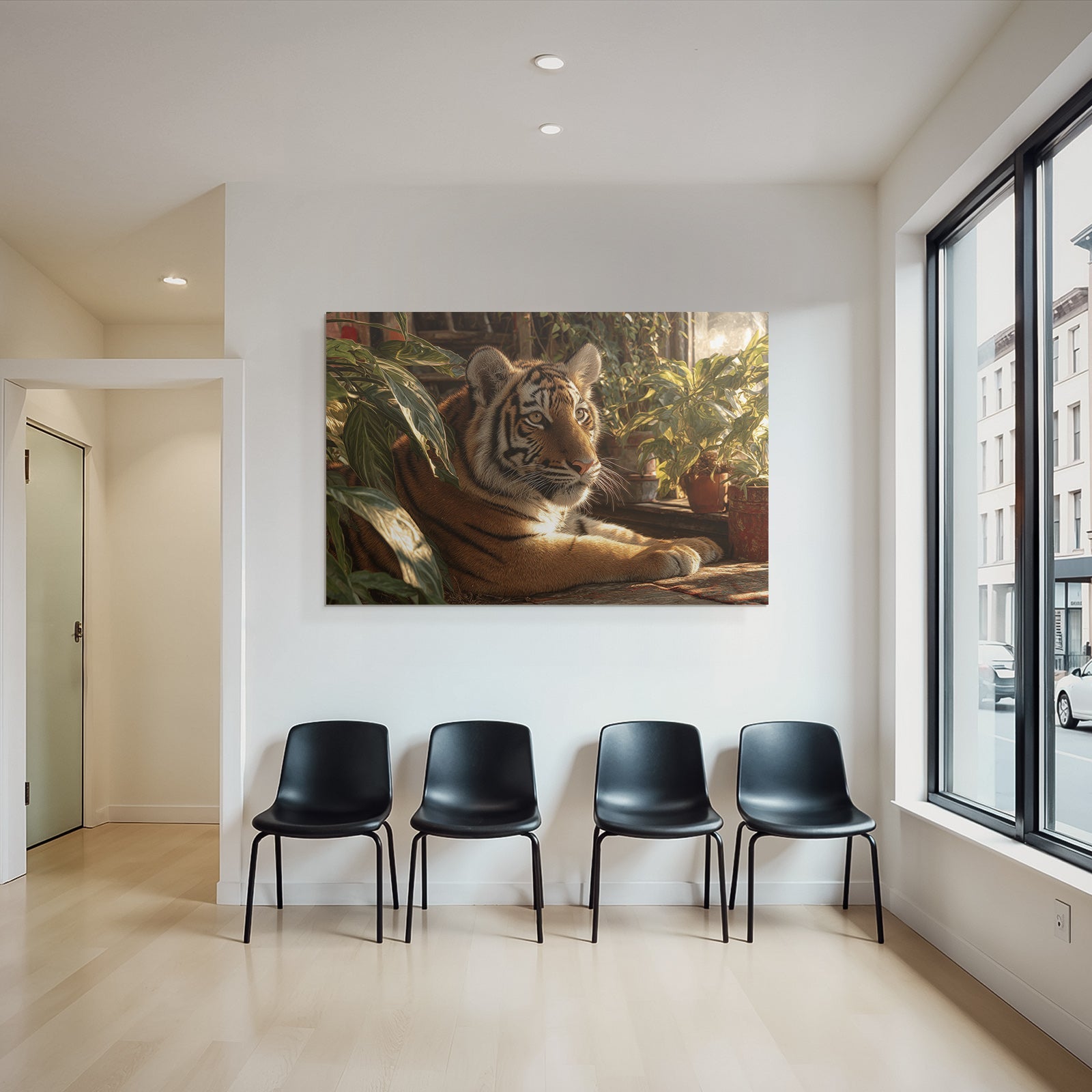 Tiger Ruhend In Grünen Und Innenraum Mit Pflanzen