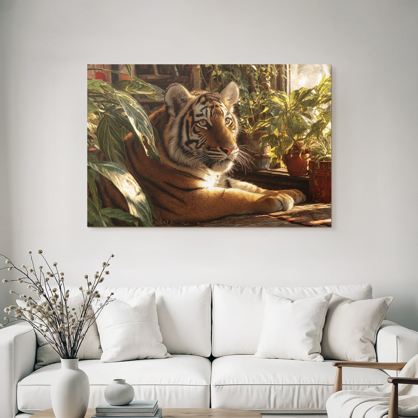 Tiger Ruhend In Grünen Und Innenraum Mit Pflanzen