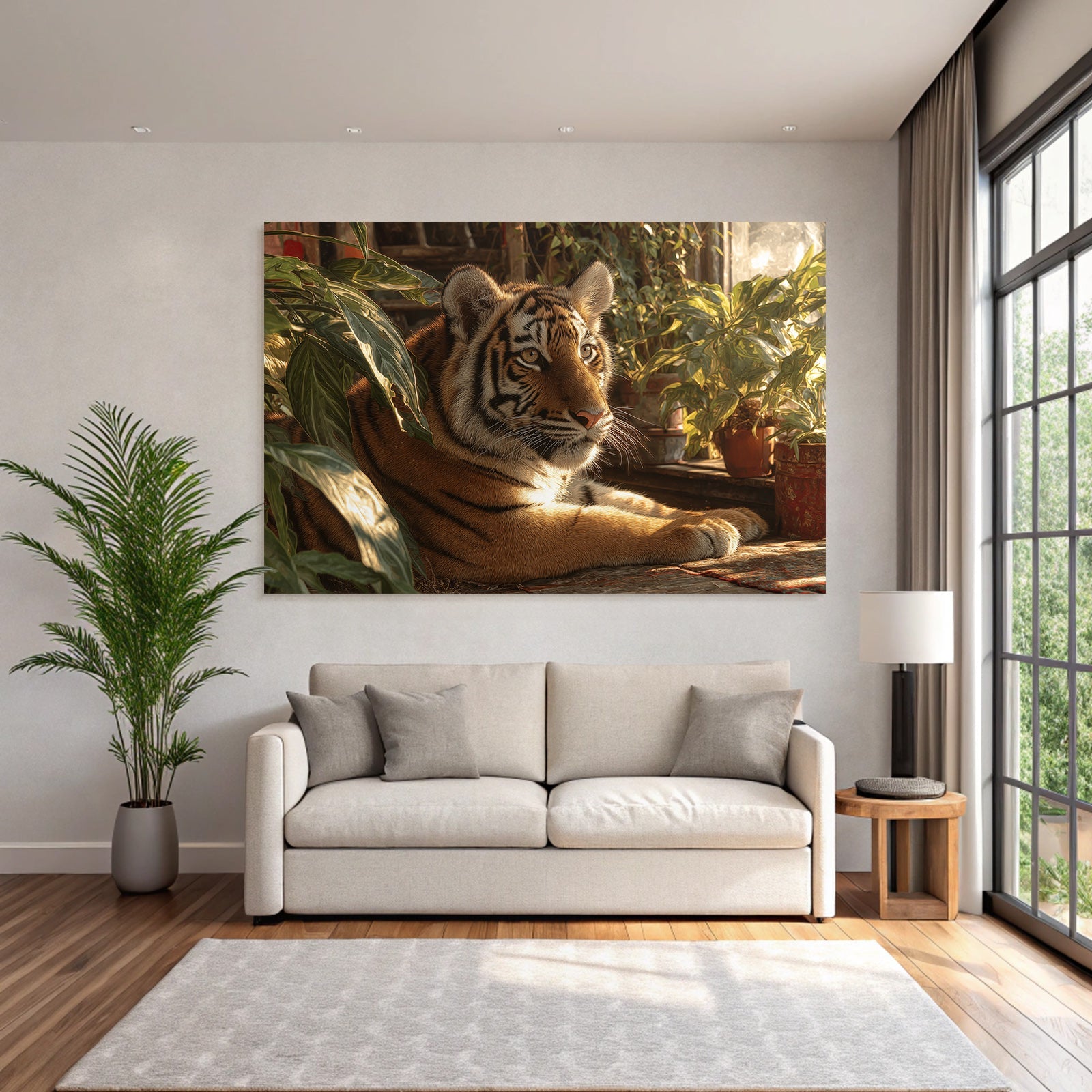 Tiger Ruhend In Grünen Und Innenraum Mit Pflanzen